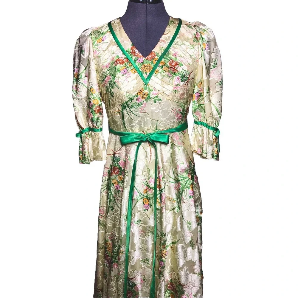 Vintage 1970s Boho Dress Floral Brocade Maxi Dress Festival Gown STAINED XS - Picture 2 of 16